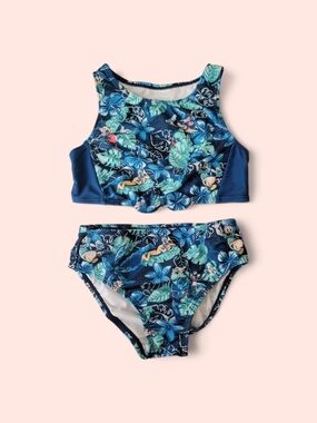 Disney Girls 7/8 Navy Tropical Mickey Two-Piece Swim Set Bikini Mickey Minnie